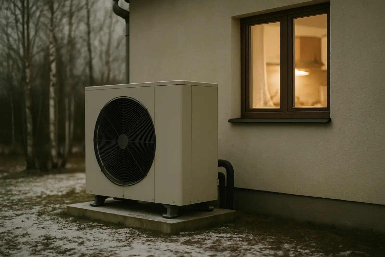 Venkovní jednotka tepelného čerpadla u rodinného domu v zimě